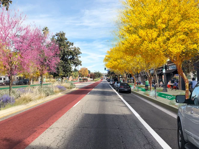 Rendering of a tree-lined street with a red lane on left, bike lane on right