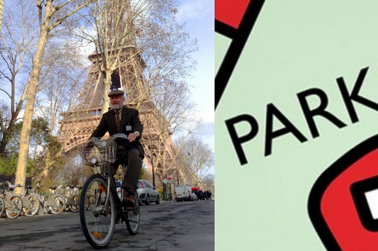 Donald Shoup rides a bike in front of the eiffel tower; to the left, the cover of his book, The High Cost of Free Parking