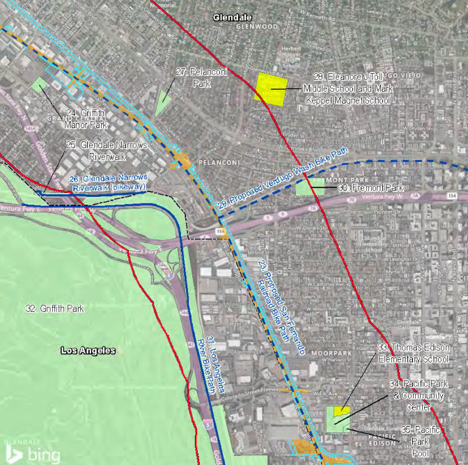 This map shows some of the recreational facilities analyzed in the EIR/EIS for CAHSR's Burbank-to-LA segment