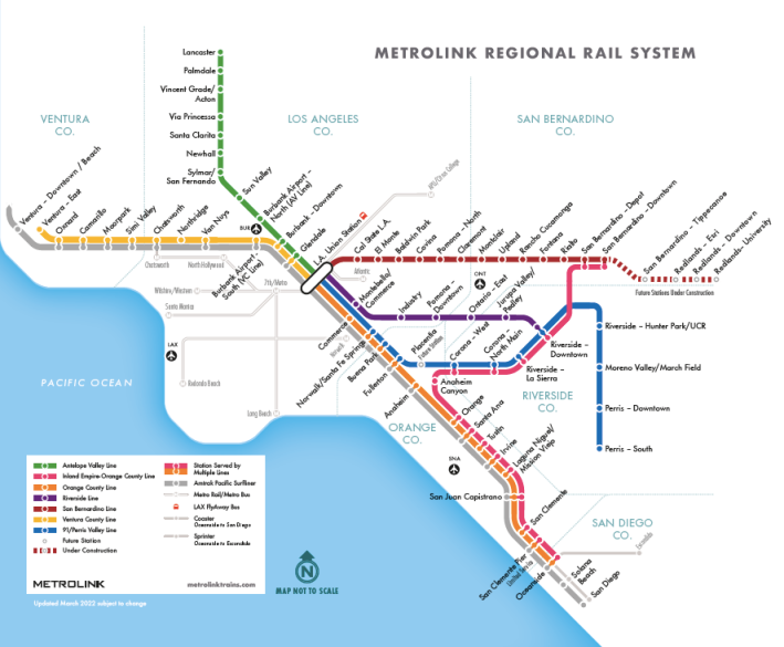 Metrolink map of Southern California rail routes. The affected section is between Laguna Niguel and Oceanside.