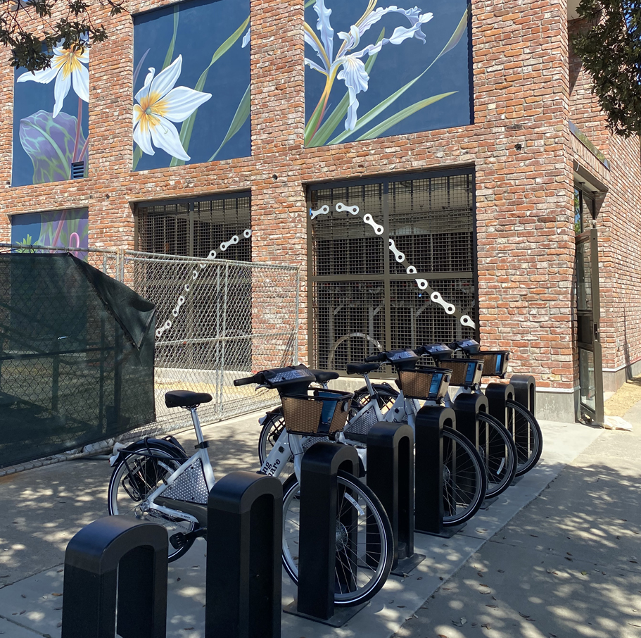 A row of bikes lined up in a dock in front of a building decorated with a mural of flowers