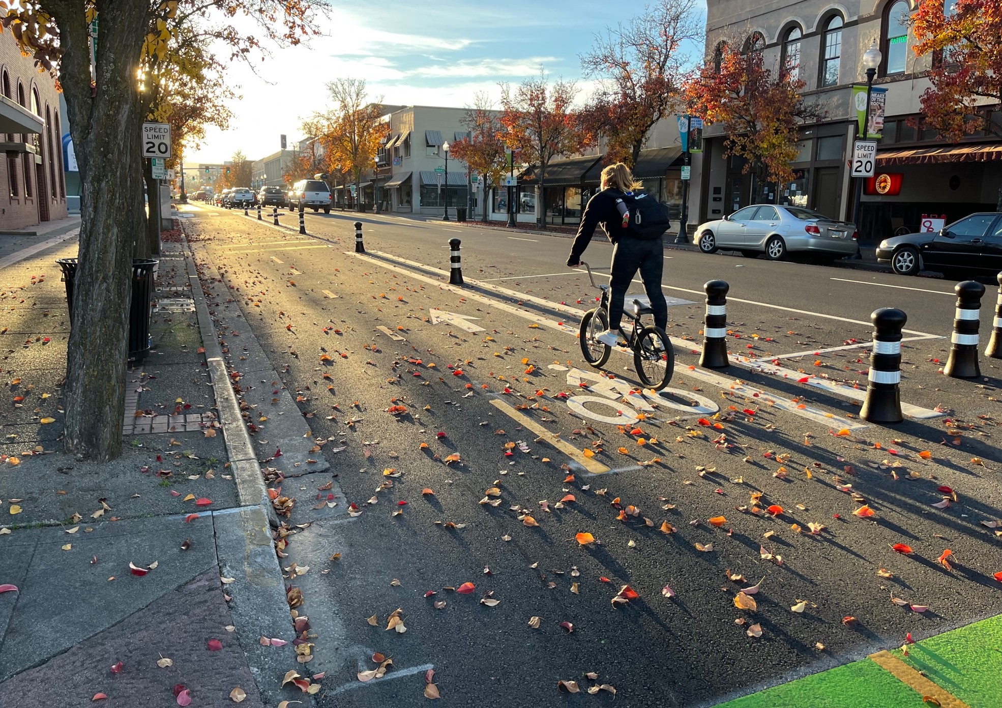 Protected two-way bike lane on Main Street in Medford, Oregon